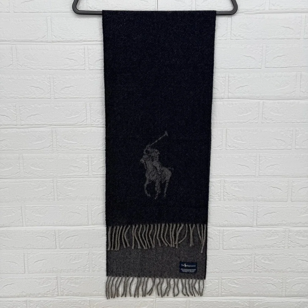 Polo Ralph Lauren Scarf Mens OS Charcoal Grey Reversible Big Pony Wool Blend